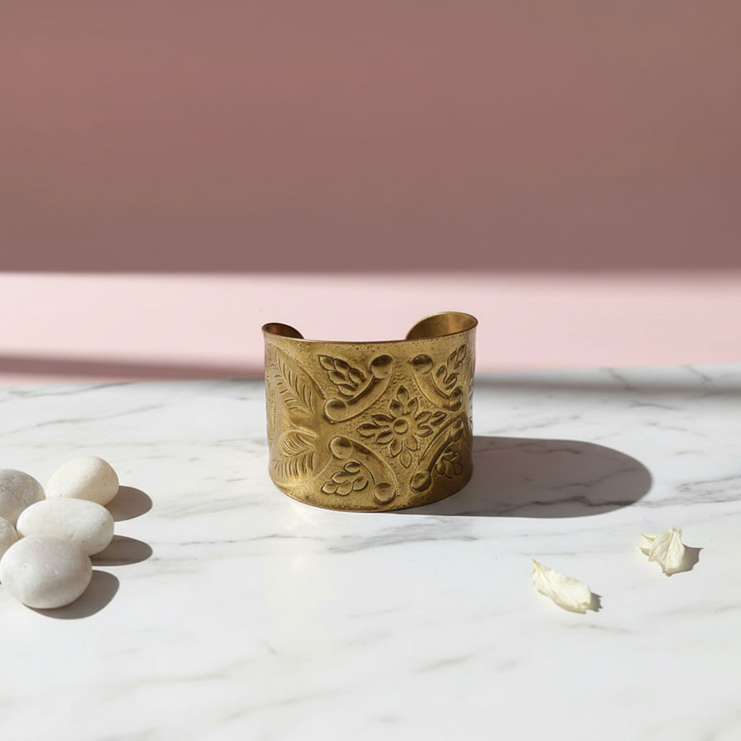 Antique Brass Gold Floral Embossed Wide Golden Flora Cuff