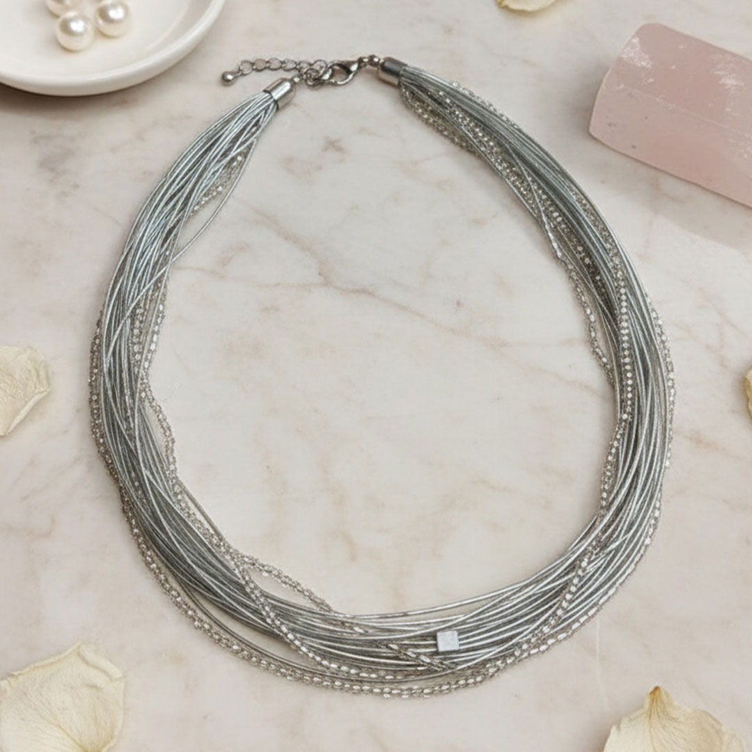 Silver-Toned Metallic Wire Multi-Strand Moonbeam Necklace