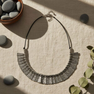 Silver-Tone Metal Filigree Sunray Collar Necklace with Black Cord