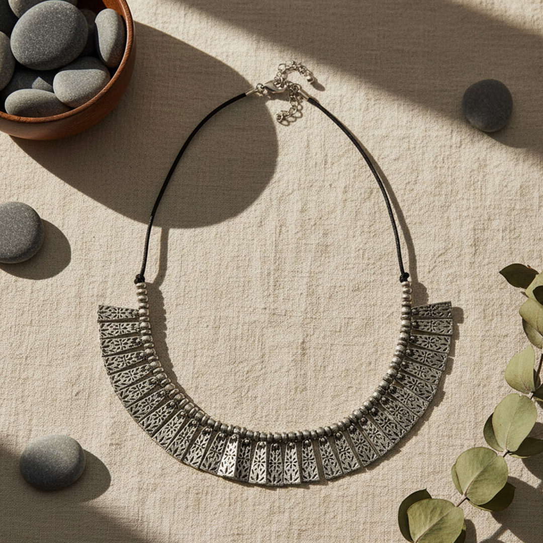 Silver-Tone Metal Filigree Sunray Collar Necklace with Black Cord