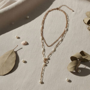 Gold Metal Chain Necklace with White Pearl Dewdrop Pendant