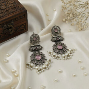 Rustic Metal Rosewater Pearl Drop Earrings for Women
