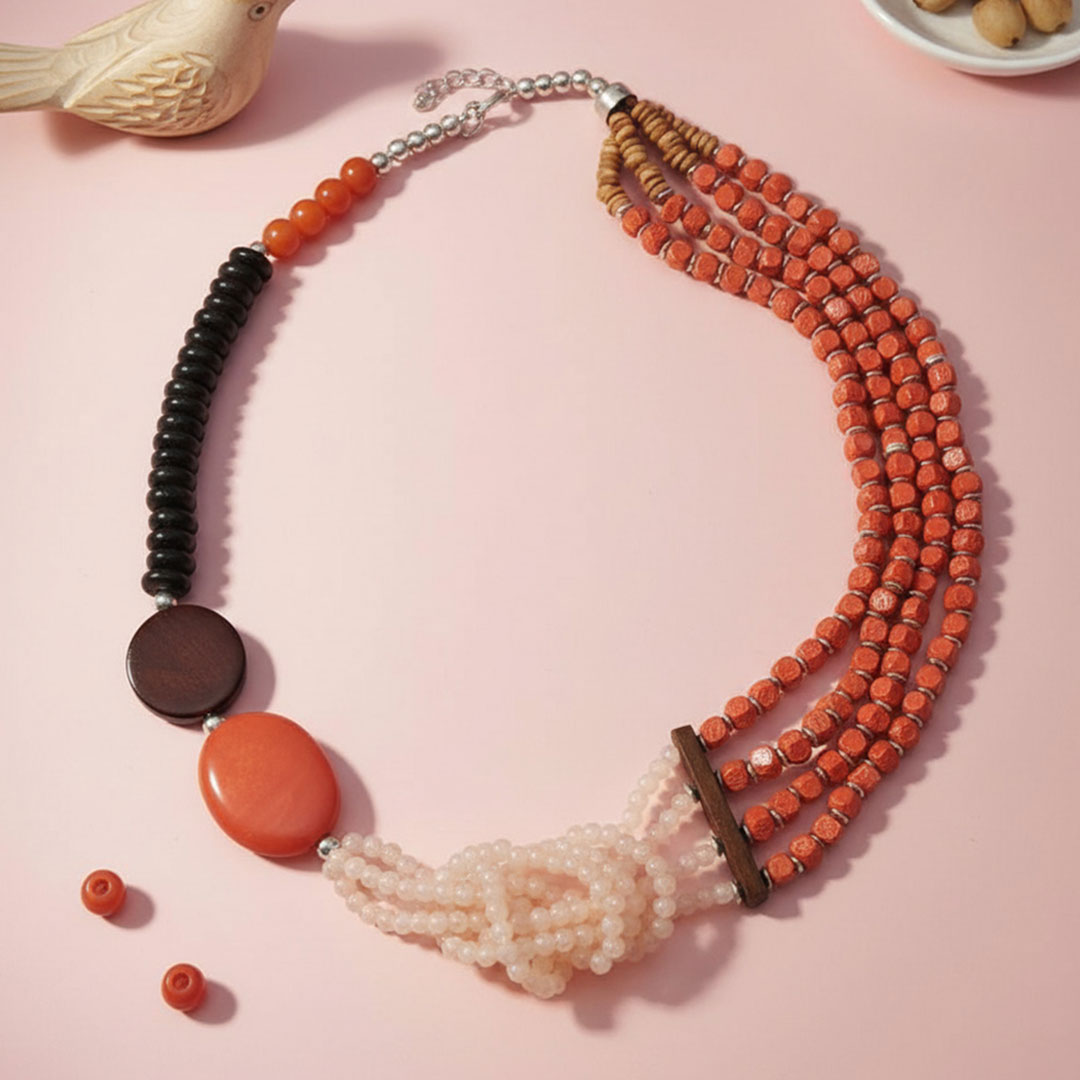 Multicolor Glass, Resin, and Wood Beaded Sunset Necklace