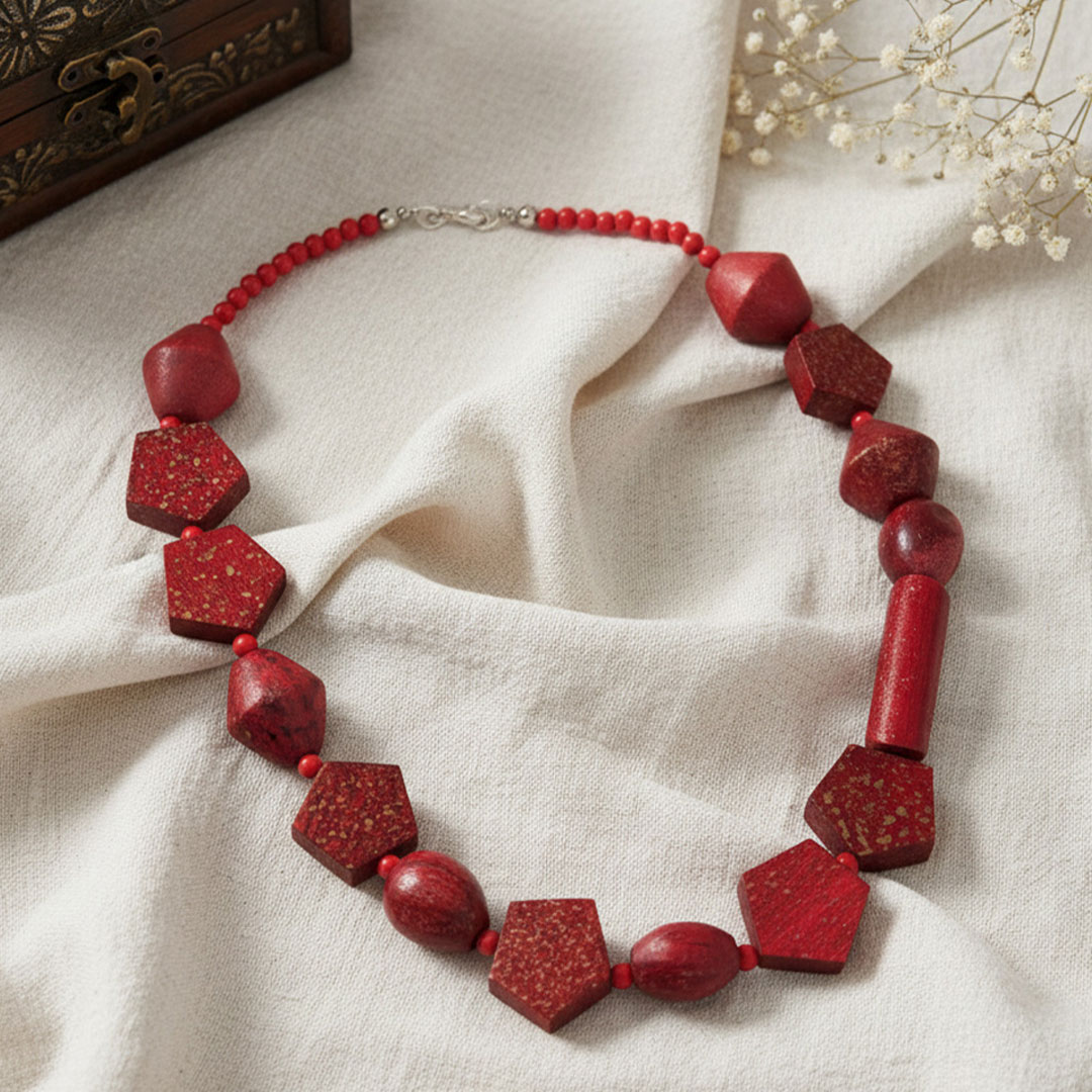 Deep Maroon Red Wooden Beaded Chunky Necklace with Gold Speckles