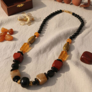 Mixed Material Black, Amber, Brown Resin Beaded Necklace