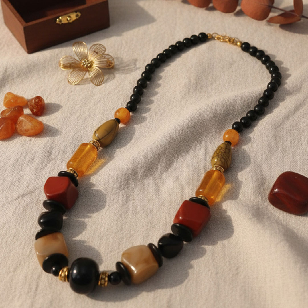 Mixed Material Black, Amber, Brown Resin Beaded Necklace