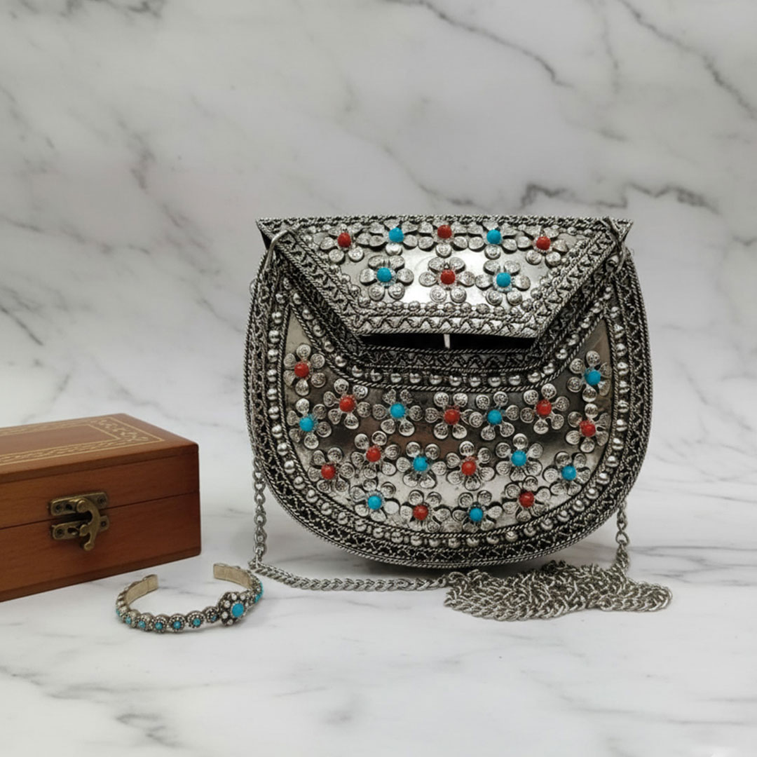 Silver Metal Floral Clutch with Red and Turquoise Beads