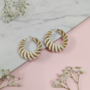 Gold-Tone Metal and Cream Beaded Twisted Hoop Earrings