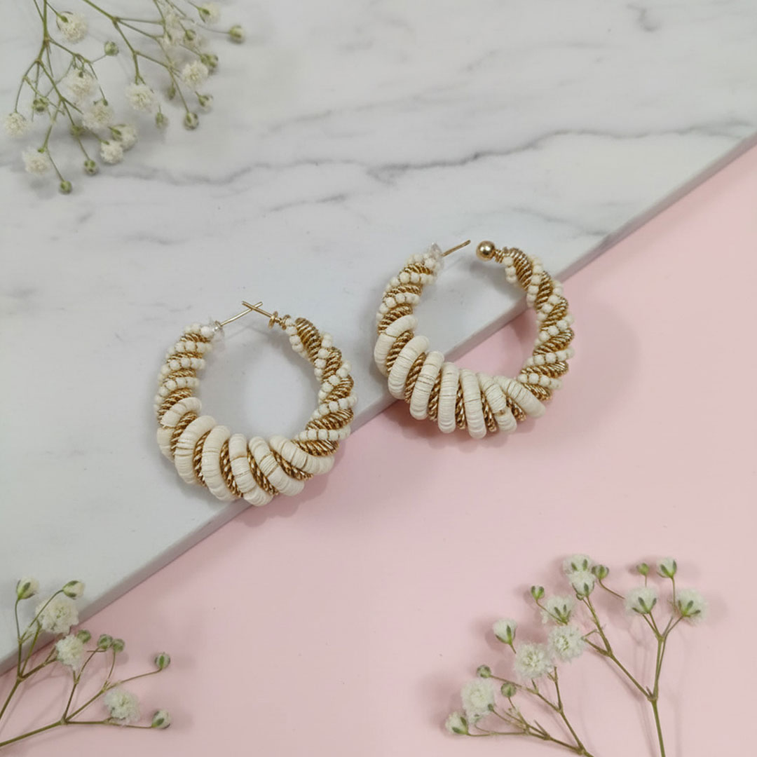 Gold-Tone Metal and Cream Beaded Twisted Hoop Earrings