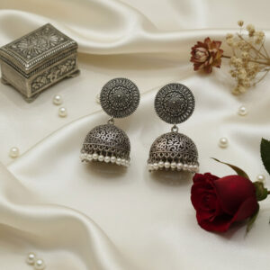 Oxidized Silver Filigree Jhumka Earrings with White Pearls