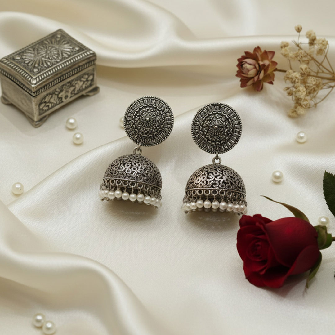 Oxidized Silver Filigree Jhumka Earrings with White Pearls