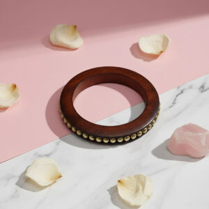 Brown Wooden Bangle with Gold-Tone Brass Bead Accents