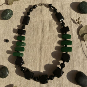 Black and Dark Green Acrylic Beaded Necklace with Silver Clasp