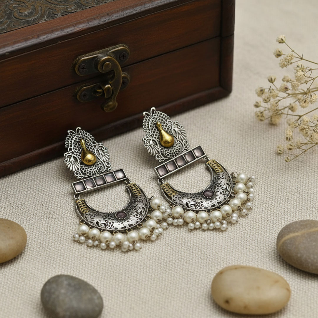 Oxidized Silver Jhumka Earrings with Gold, Purple, and Pearl Accents