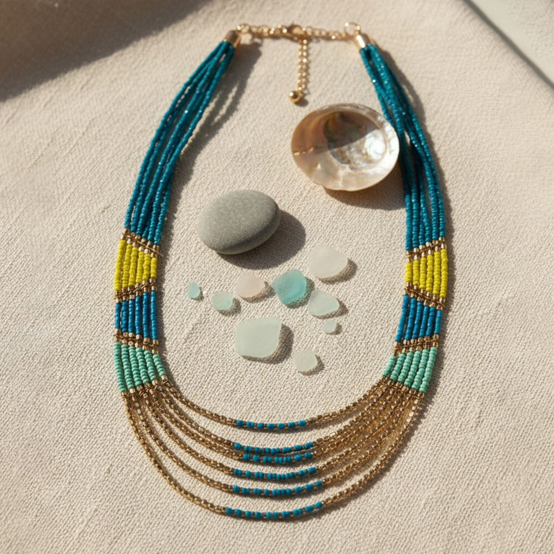 Teal, Yellow, Blue Glass Beads Layered Ocean Breeze Necklace