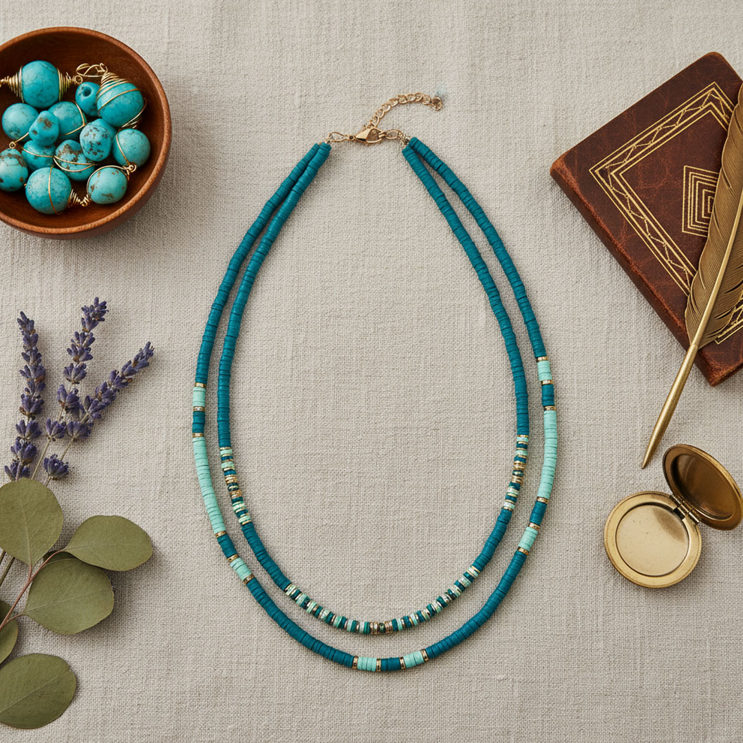 Teal and Light Blue Beaded Necklace with Gold Metal Accents