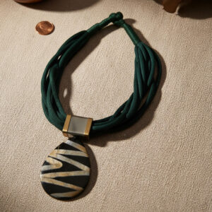 Dark Green Suede Cord Necklace with Black Beige Pendant