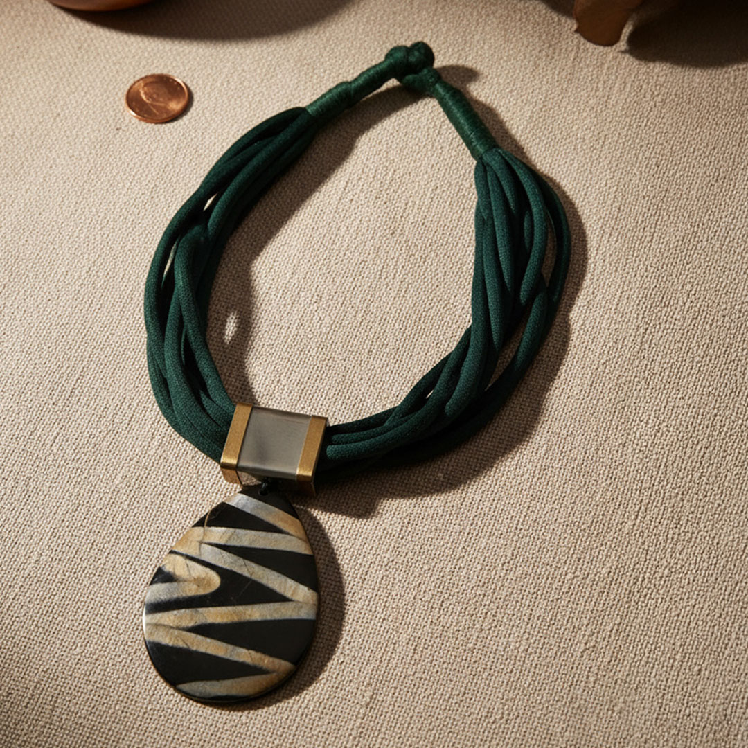 Dark Green Suede Cord Necklace with Black Beige Pendant