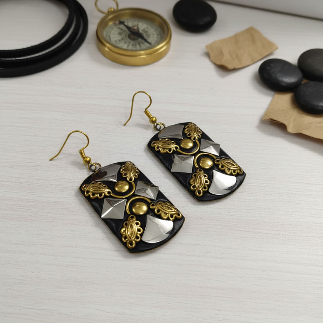 Black Resin Earrings with Gold and Silver-Tone Embellishments