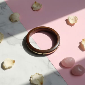 Dark Brown Wooden Bangle with Gold-Tone Metal Accents