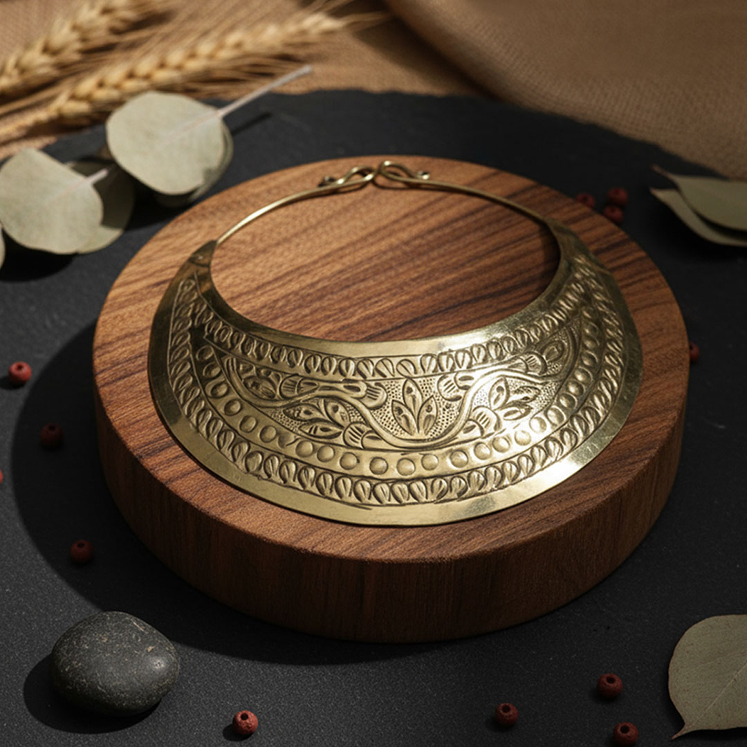 Rustic Gold Metal Necklace with Ethnic Floral Carvings