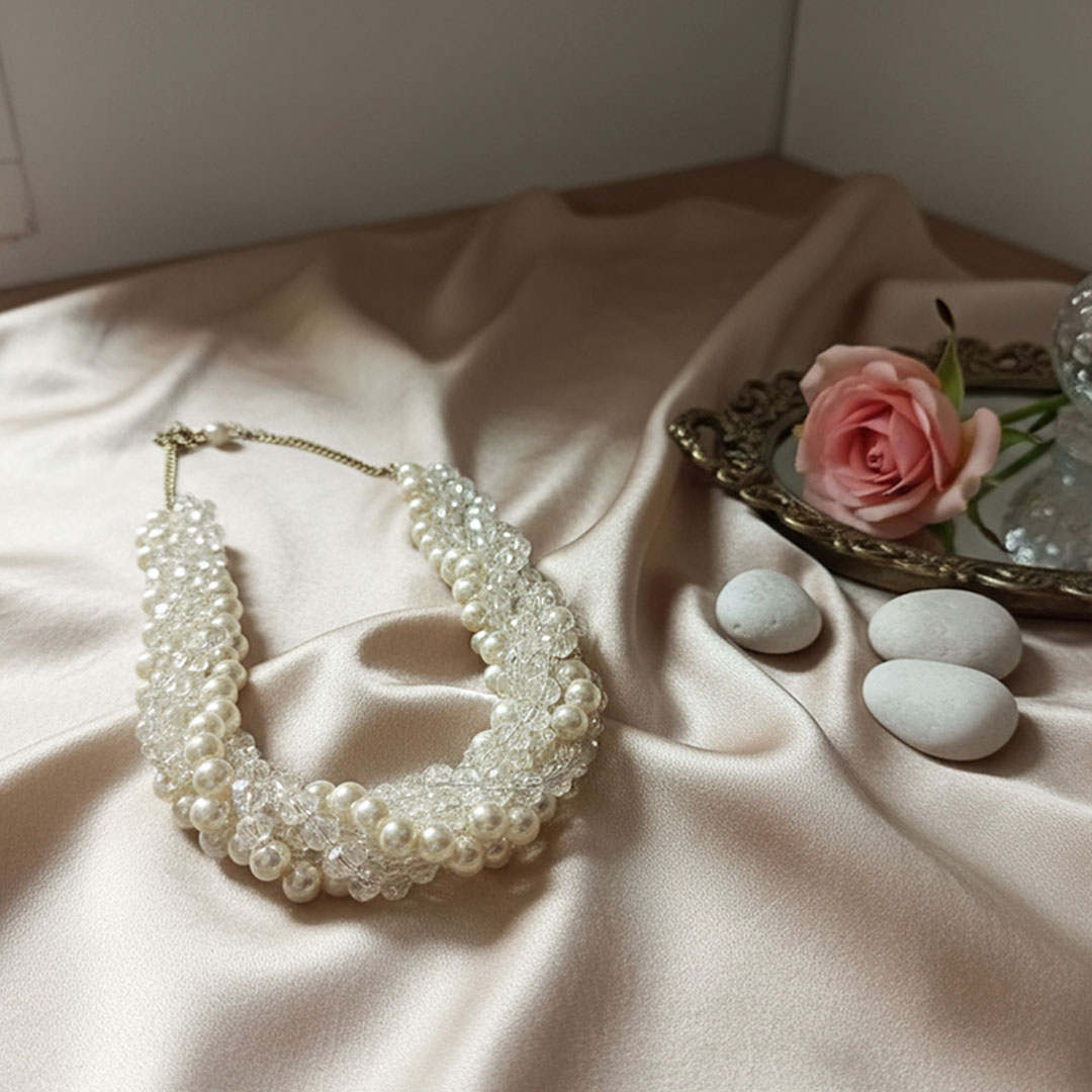 Ivory Pearl and Crystal Necklace with Gold Chain