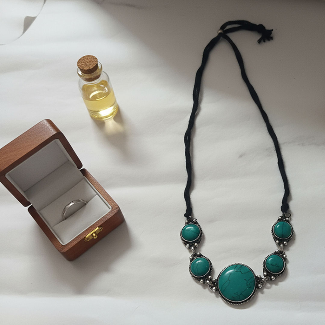 Silver Metal and Turquoise Stone Black String Necklace