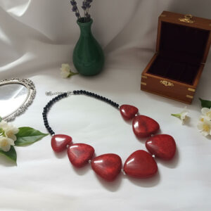 Red Heart Stones and Black Beads Silver Chain Necklace