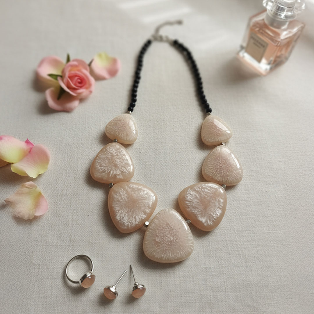 Ivory Soft Triangle Stone Necklace with Black Beads