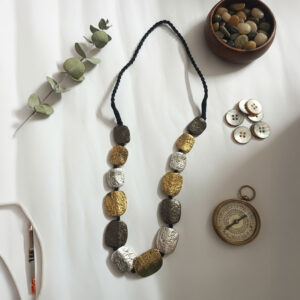 Multi-Tone Metal Textured Beaded Sunlit Pebble Necklace