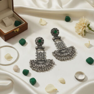 Silver-Toned Metal Earrings with Green and Dark Gray Accents