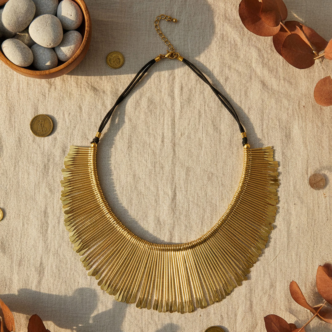 Gold-Tone Metal Necklace on Black Cord Golden Crest Necklace