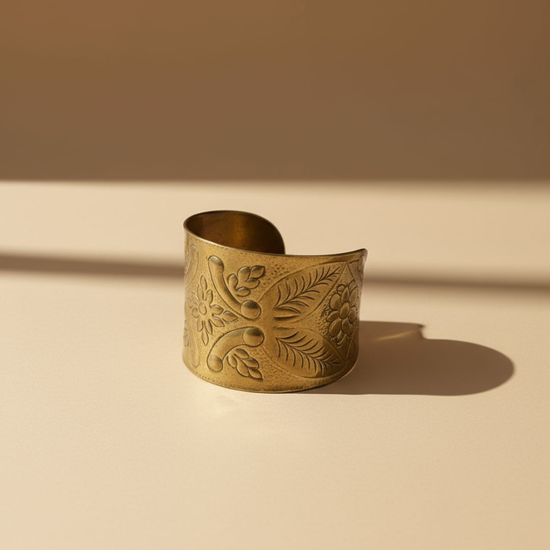 Antique Brass Gold Floral Embossed Wide Golden Flora Cuff - Image 2
