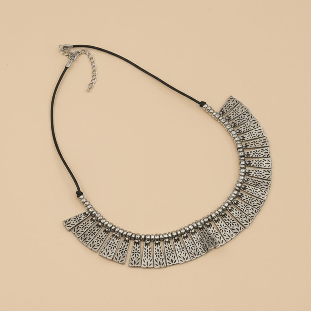 Silver-Tone Metal Filigree Sunray Collar Necklace with Black Cord - Image 2