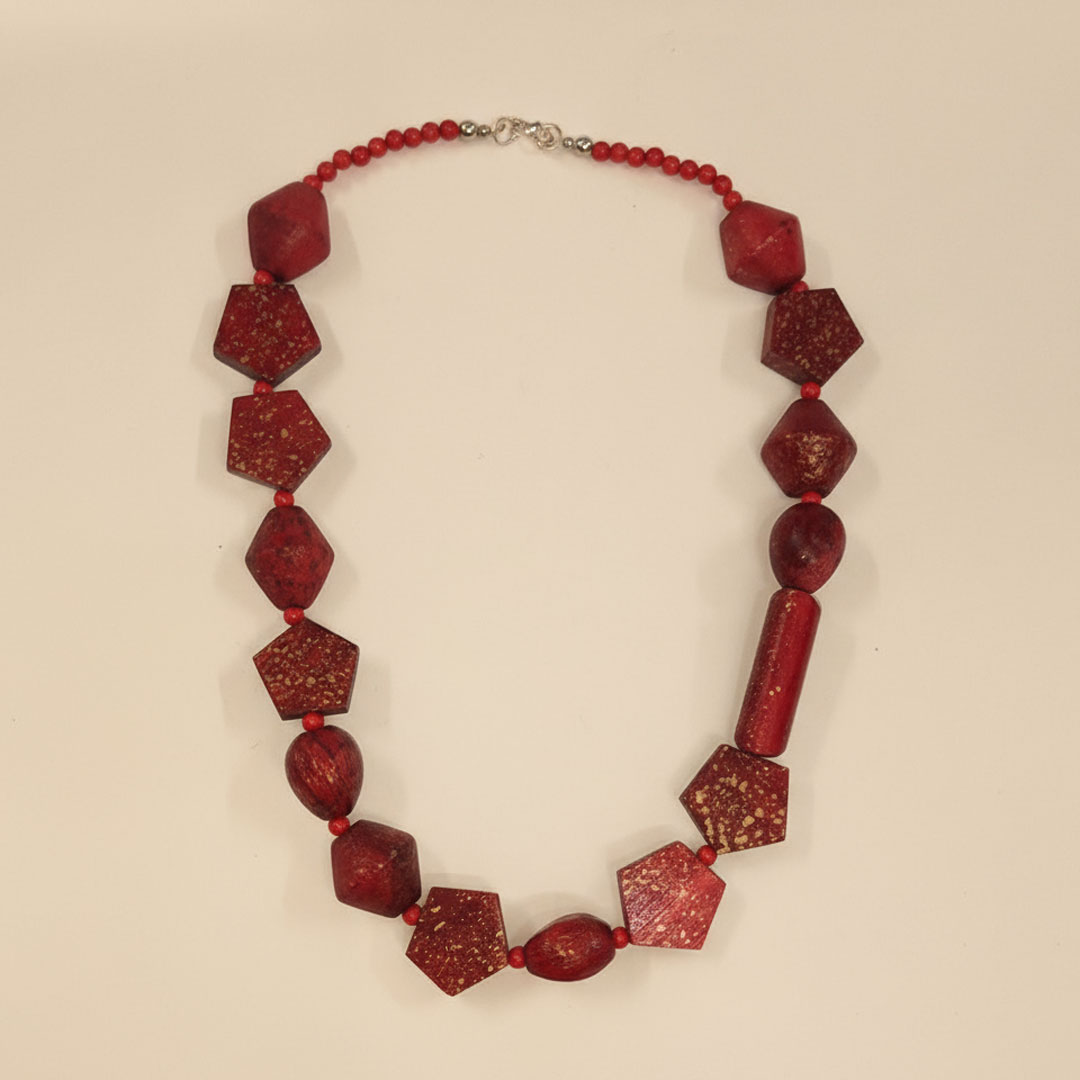 Deep Maroon Red Wooden Beaded Chunky Necklace with Gold Speckles - Image 2