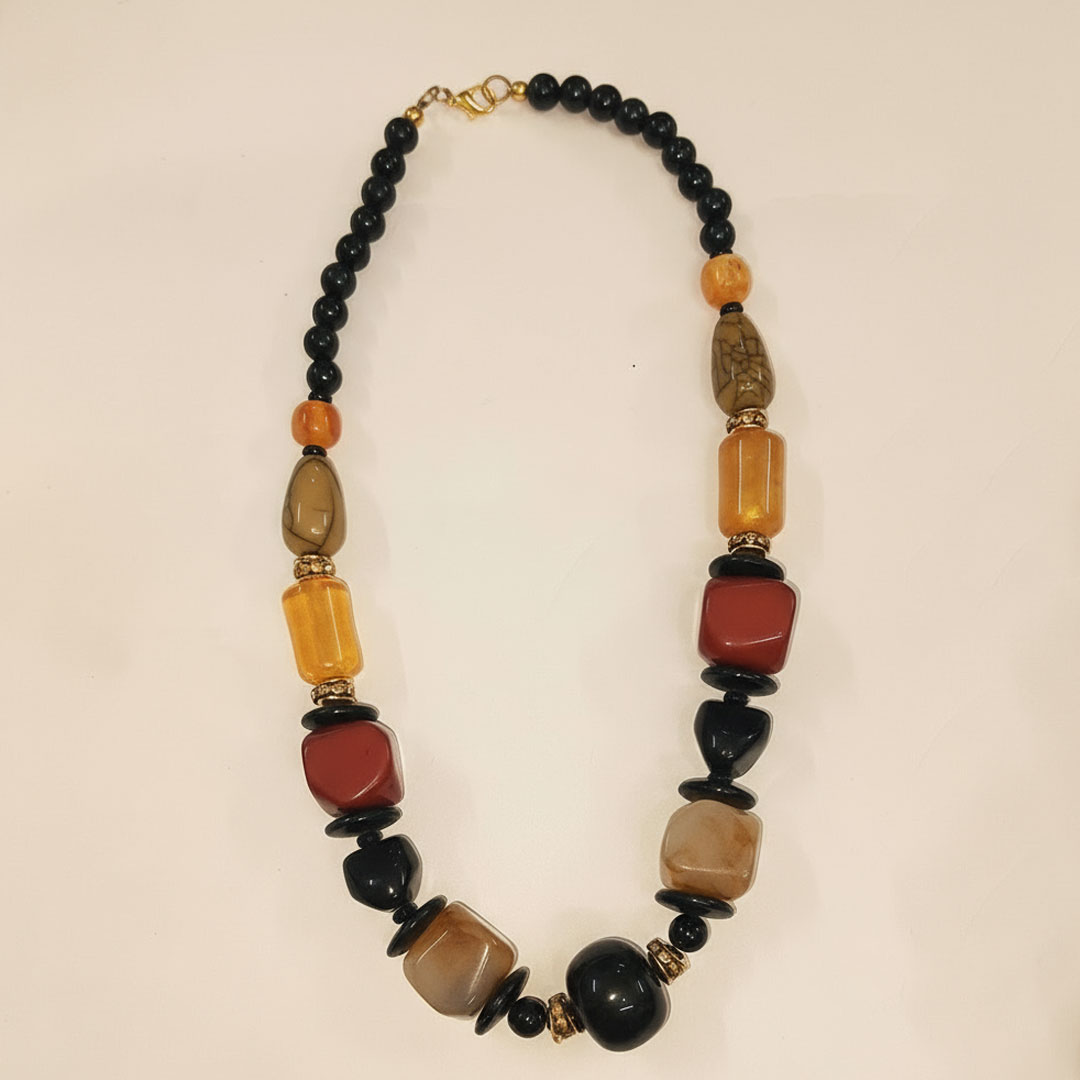 Mixed Material Black, Amber, Brown Resin Beaded Necklace - Image 2