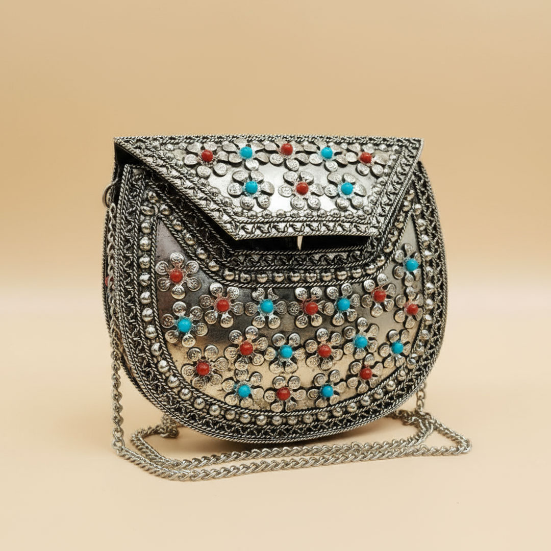 Silver Metal Floral Clutch with Red and Turquoise Beads - Image 2