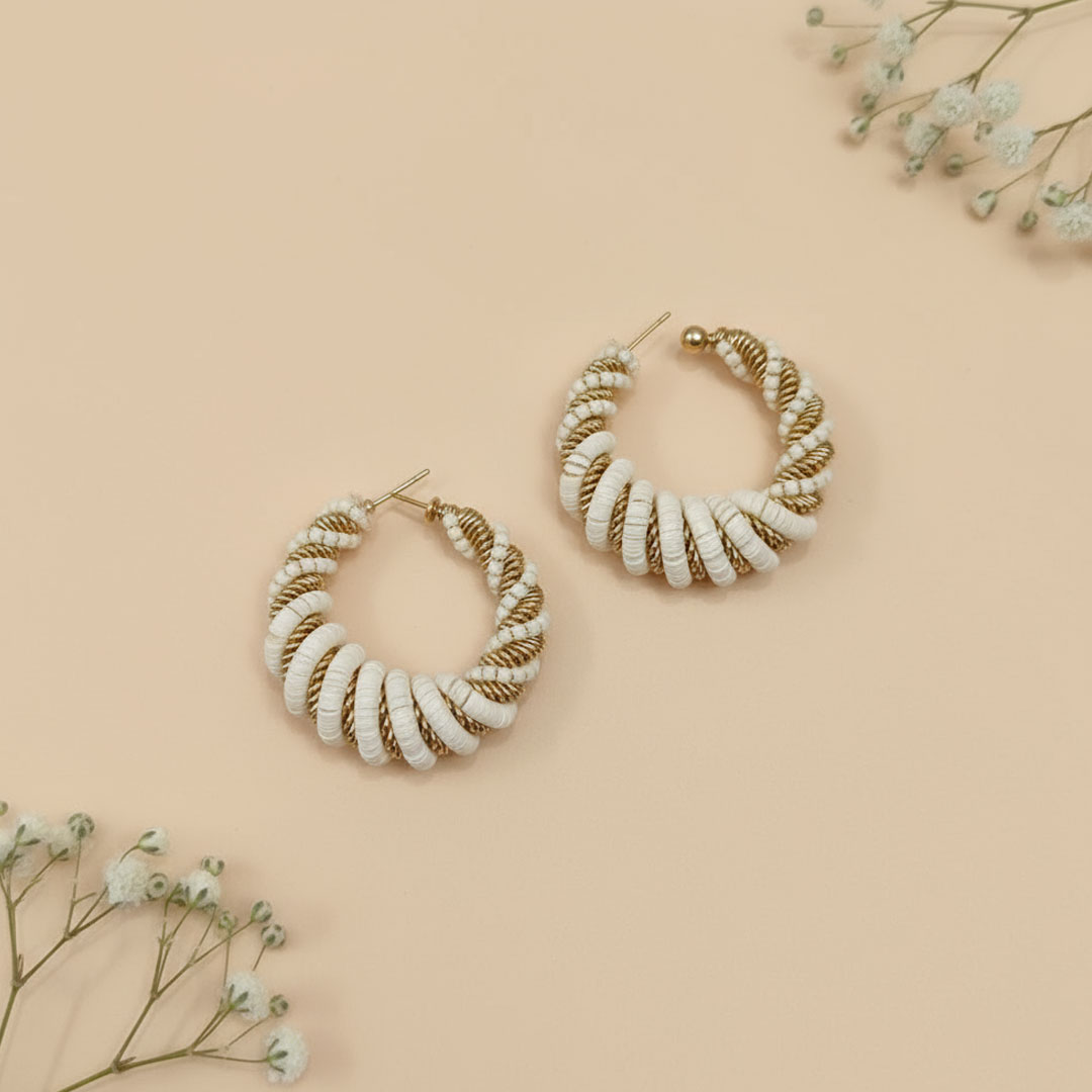 Gold-Tone Metal and Cream Beaded Twisted Hoop Earrings - Image 2