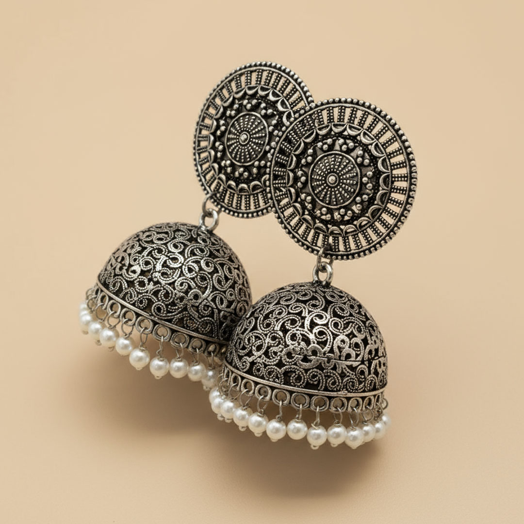 Oxidized Silver Filigree Jhumka Earrings with White Pearls - Image 2