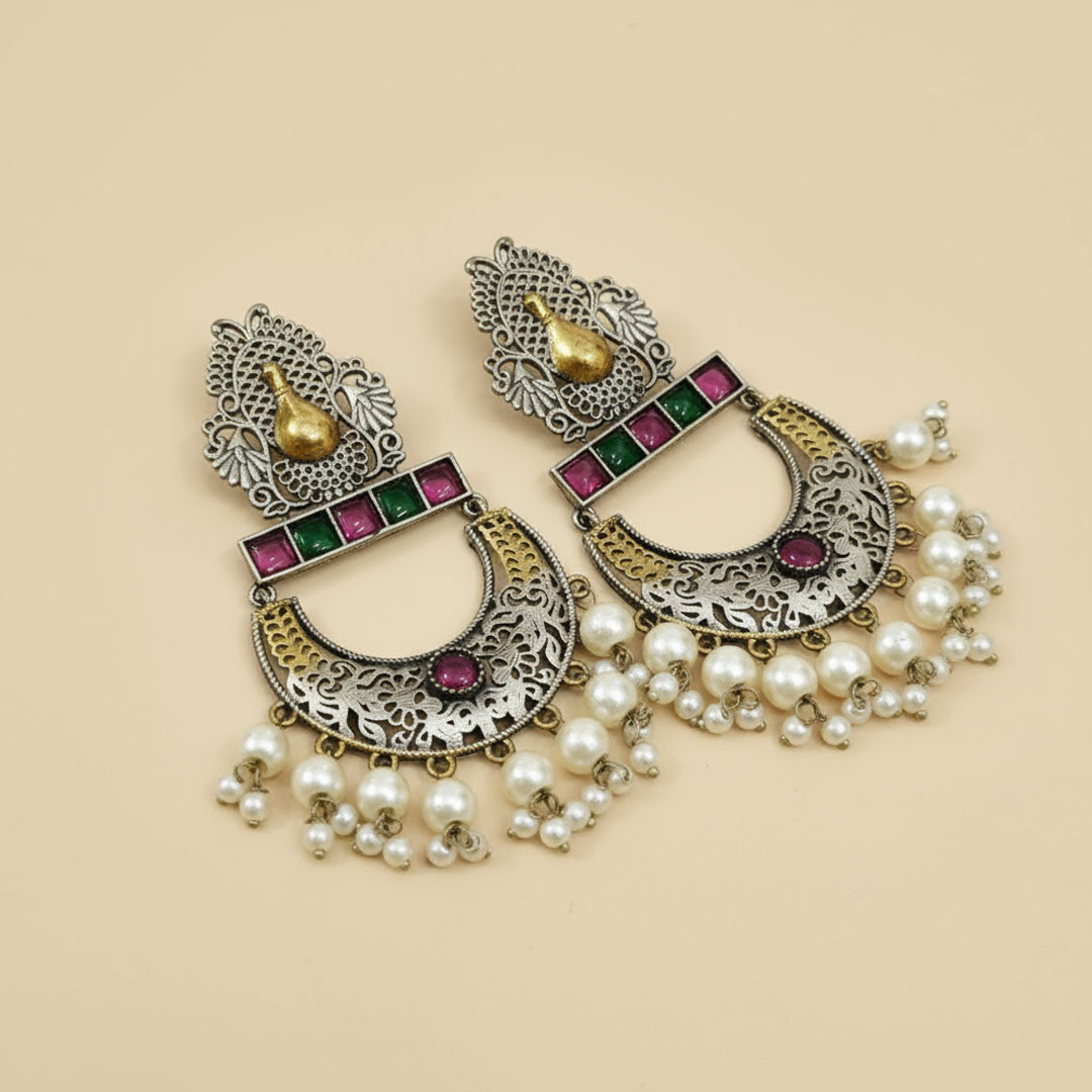 Oxidized Silver Jhumka Earrings with Gold, Purple, and Pearl Accents - Image 2