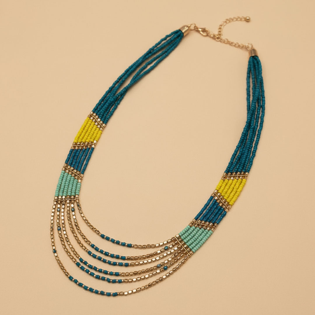 Teal, Yellow, Blue Glass Beads Layered Ocean Breeze Necklace - Image 2