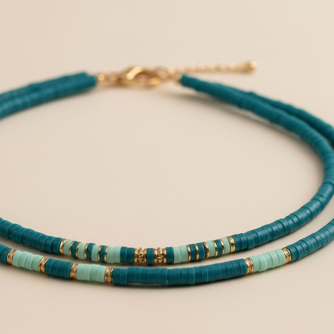 Teal and Light Blue Beaded Necklace with Gold Metal Accents - Image 2