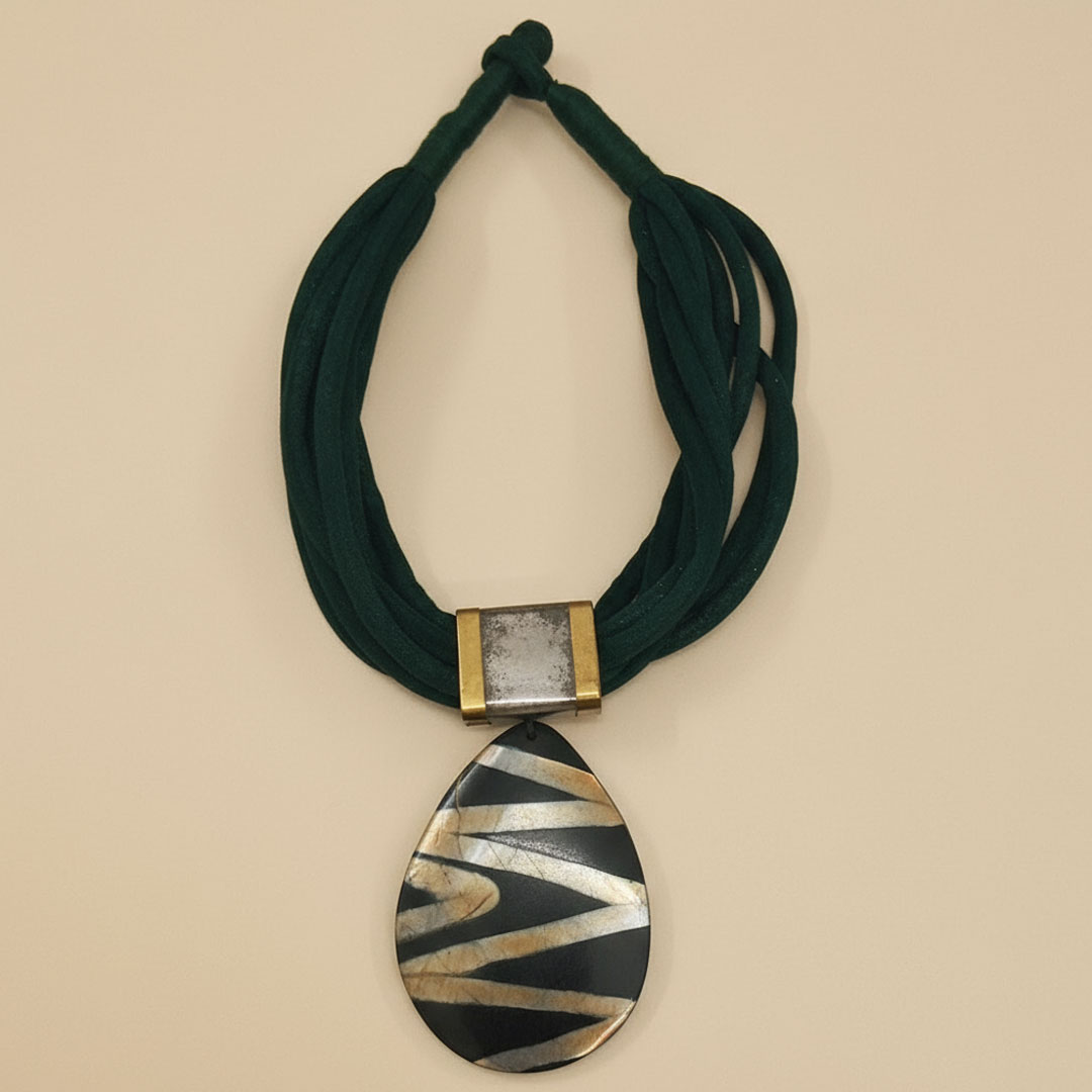 Dark Green Suede Cord Necklace with Black Beige Pendant - Image 2