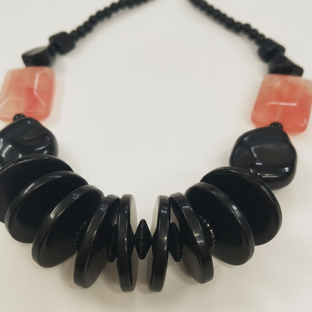 Black Beaded Necklace with Red-Orange Stone Accents - Image 2