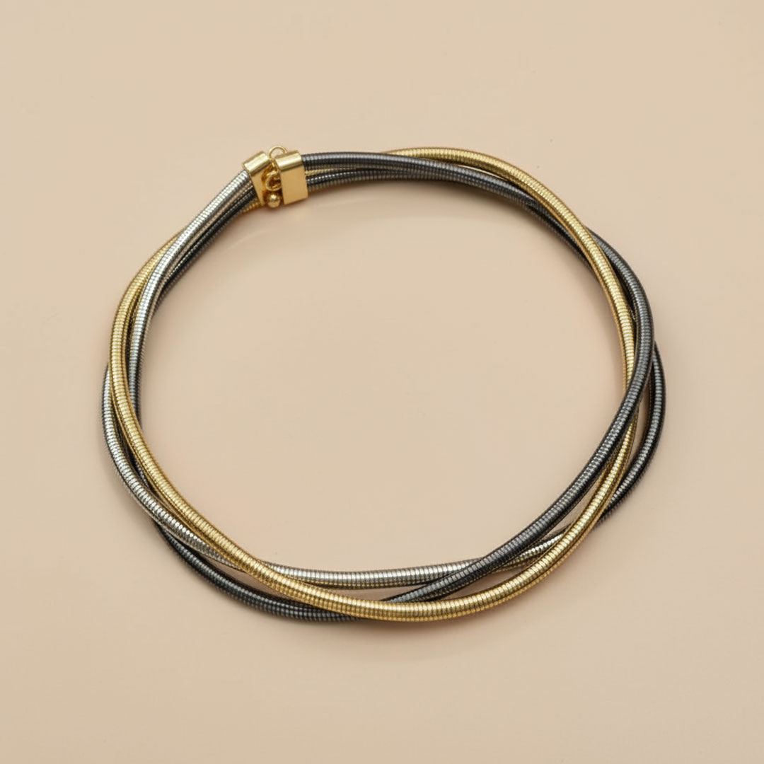 Multi-Tone Metal Coil Necklace in Gold, Silver, and Black - Image 2