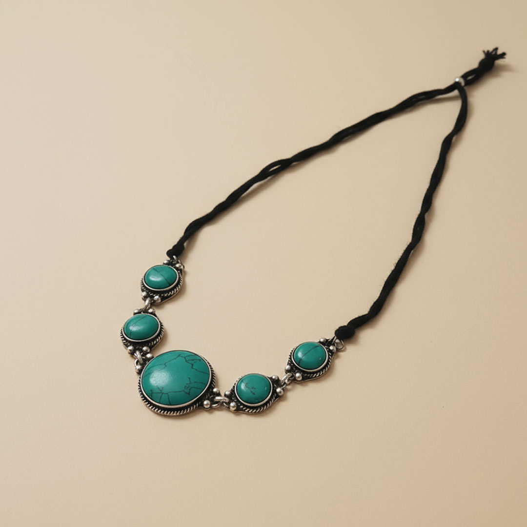 Silver Metal and Turquoise Stone Black String Necklace - Image 2