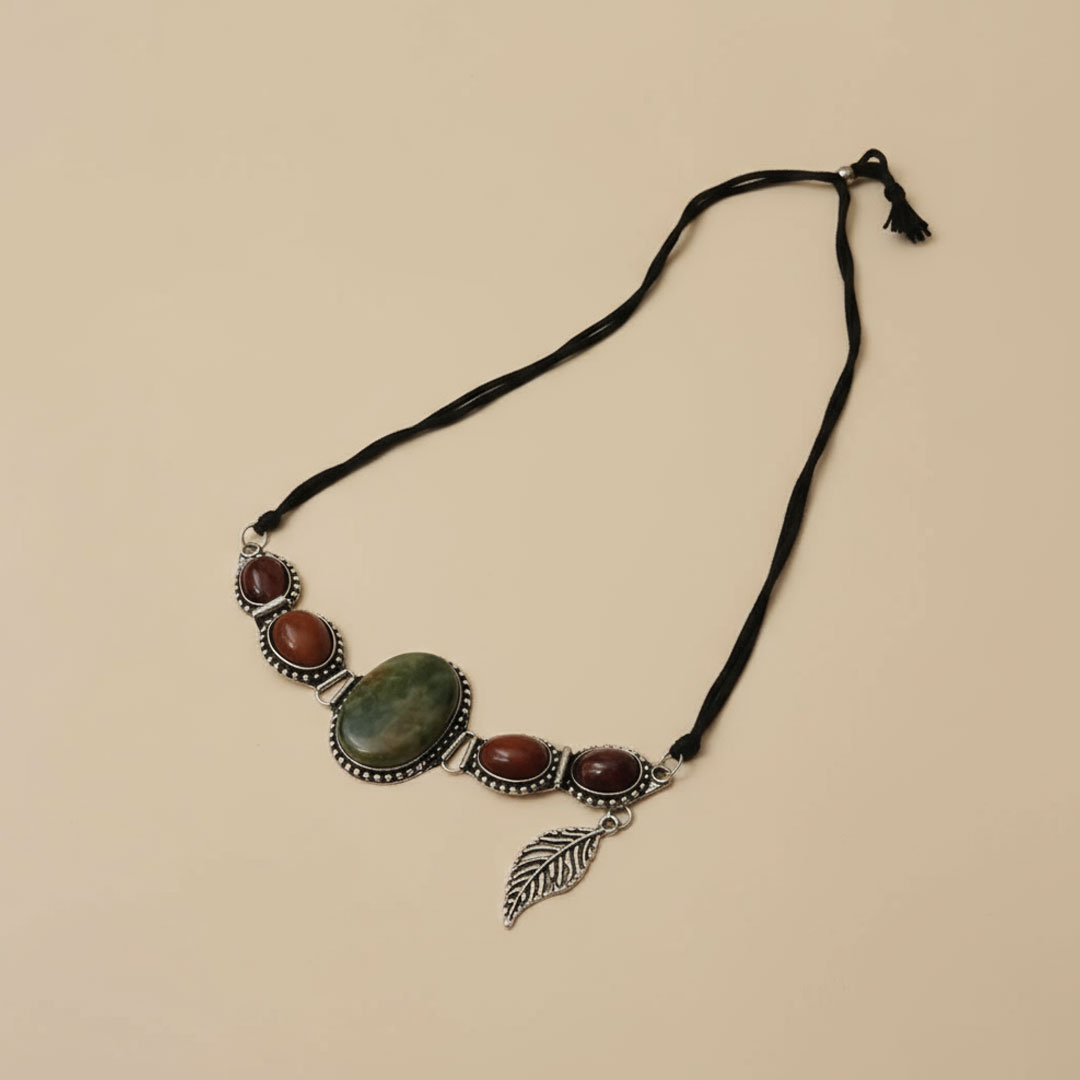 Silver Metal and Reddish Stone Black String Necklace - Image 2