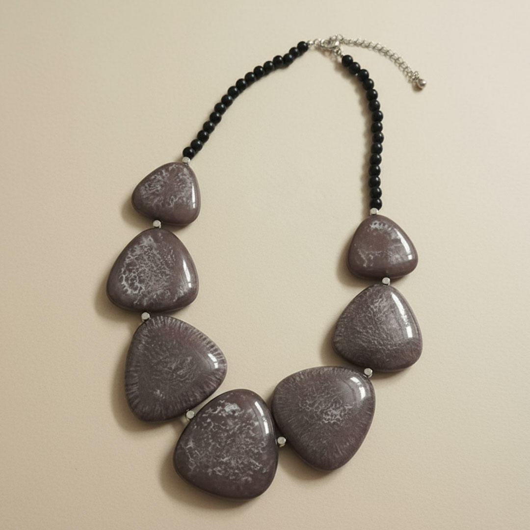 Black Polished Stone and Bead Necklace - Image 2