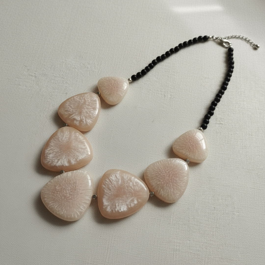 Ivory Soft Triangle Stone Necklace with Black Beads - Image 2