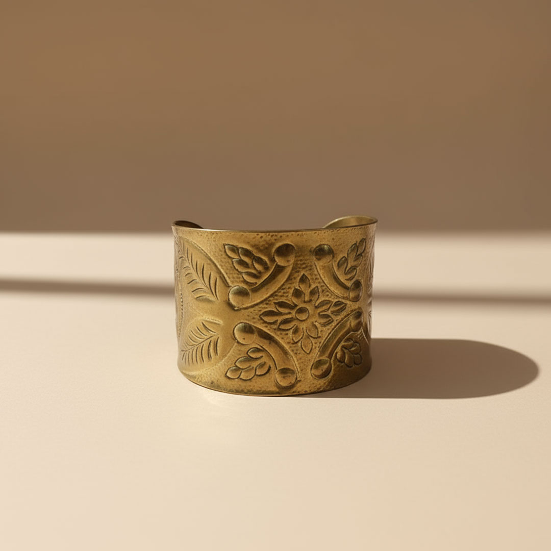 Antique Brass Gold Floral Embossed Wide Golden Flora Cuff - Image 4